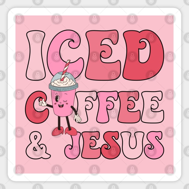 Pink Christmas Iced Coffee and Jesus Funny Retro Xmas Coffee Lover Magnet by JDVNart